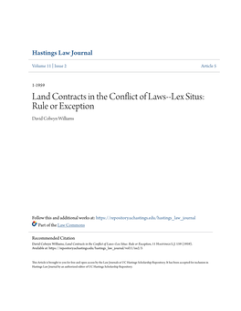 Land Contracts in the Conflict of Laws--Lex Situs: Rule Or Exception David Colwyn Williams