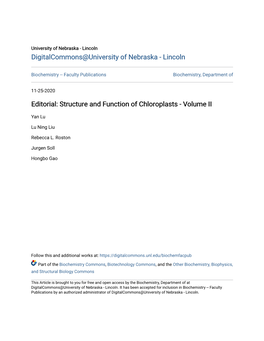 Editorial: Structure and Function of Chloroplasts - Volume II