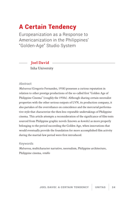A Certain Tendency Europeanization As a Response to Americanization in the Philippines’ “Golden-Age” Studio System