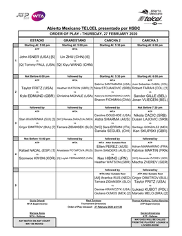 Abierto Mexicano TELCEL Presentado Por HSBC ORDER of PLAY - THURSDAY, 27 FEBRUARY 2020