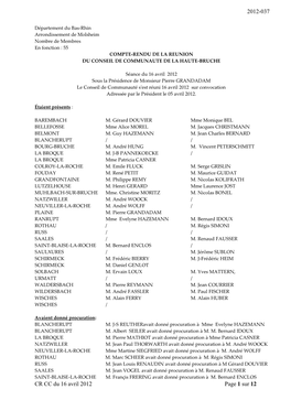 Artement Du Bas-Rhin Arrondissement De Molsheim Nombre De Membres En Fonction : 55 COMPTE-RENDU DE LA REUNION DU CONSEIL DE COMMUNAUTE DE LA HAUTE-BRUCHE