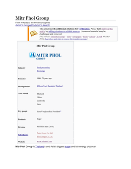 Mitr Phol Group from Wikipedia, the Free Encyclopedia Jump to Navigationjump to Search This Article Needs Additional Citations for Verification