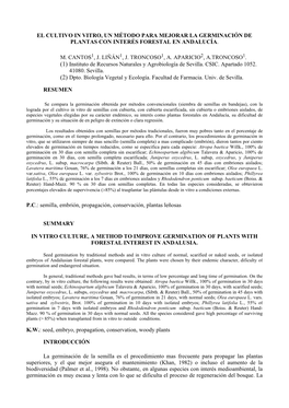 El Cultivo in Vitro, Un Método Para Mejorar La Germinación De Plantas Con Interés Forestal En Andalucía. M. Cantos , J