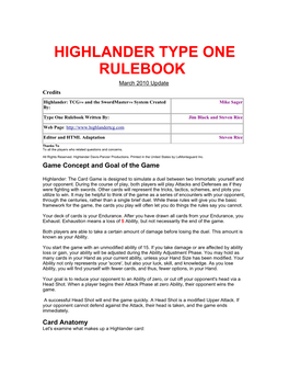 Highlander Type One Rulebook March 2010 Update First Draft