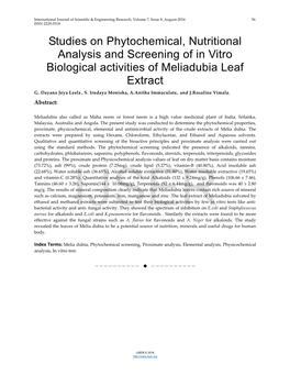 Studies on Phytochemical, Nutritional Analysis and Screening of in Vitro Biological Activities of Meliadubia Leaf Extract G