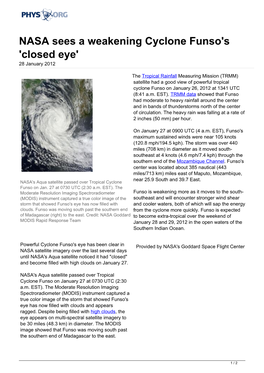 NASA Sees a Weakening Cyclone Funso's 'Closed Eye' 28 January 2012