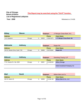 List of Registered Lobbyists City of Chicago Board of Ethics Year: 2008 This Report May Be Searched Using the "Ctrl-F"