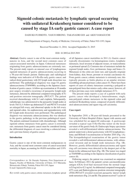 Sigmoid Colonic Metastasis by Lymphatic Spread Occurring with Unilateral Krukenberg Tumor Considered to Be Caused by Stage IA Early Gastric Cancer: a Case Report