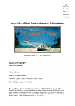 Royal College of Music Opera Studio Presents Robinson Crusoe