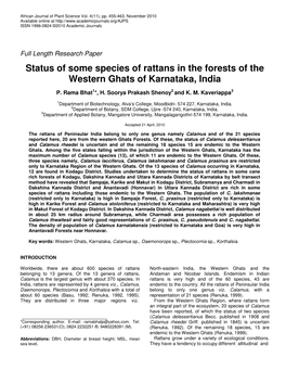 Status of Some Species of Rattans in the Forests of the Western Ghats of Karnataka, India
