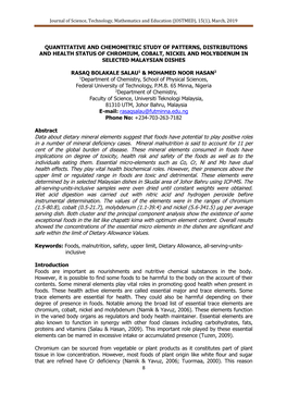 Quantitative and Chemometric Study of Patterns, Distributions and Health Status of Chromium, Cobalt, Nickel and Molybdenum in Selected Malaysian Dishes