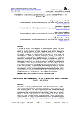 Diagnóstico Da Disponibilidade Hídrica Na Bacia Hidrográfica Do Rio Manso - Mg
