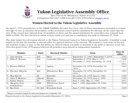 Women Elected to the Yukon Legislative Assembly