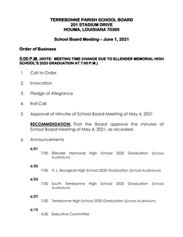 Terrebonne Parish School Board 201 Stadium Drive Houma, Louisiana 70360