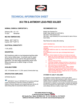 Technical Information Sheet 95-5 Tin & Antimony Lead-Free Solder