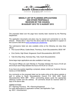 Weekly List of Planning Applications and Other Proposals Received by the Council 06 August 2012 to 12 August 2012
