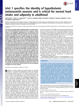 Islet 1 Specifies the Identity of Hypothalamic Melanocortin Neurons