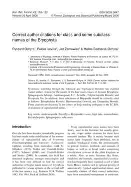 Correct Author Citations for Class and Some Subclass Names of the Bryophyta