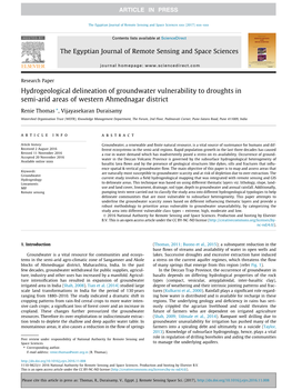 Hydrogeological Delineation of Groundwater Vulnerability to Droughts in Semi-Arid Areas of Western Ahmednagar District ⇑ Renie Thomas , Vijayasekaran Duraisamy