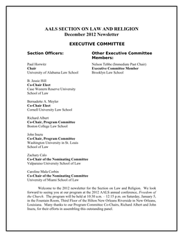 AALS SECTION on LAW and RELIGION December 2012 Newsletter