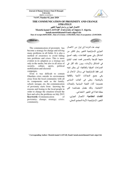 THE COMMUNICATION of PROXIMITY and CHANGE STRATEGY ا����ل ا���اري وإ���ا����� ا������ Mostefa Kamel LASTAB * ,University of Algiers 3