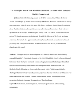 The Philadelphia Riots of 1844: Republican Catholicism and Irish Catholic Apologetics