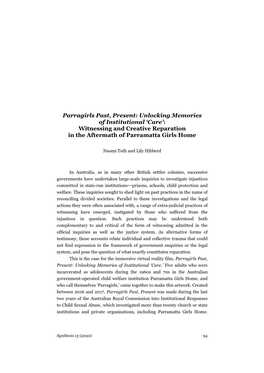 Parragirls Past, Present: Unlocking Memories of Institutional ‘Care’: Witnessing and Creative Reparation in the Aftermath of Parramatta Girls Home