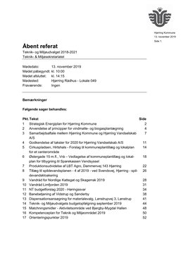 Åbent Referat Teknik- Og Miljøudvalget 2018-2021 Teknik- & Miljøsekretariatet