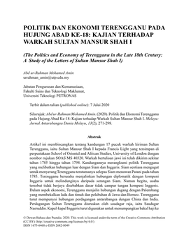 Politik Dan Ekonomi Terengganu Pada Hujung Abad Ke-18: Kajian Terhadap Warkah Sultan Mansur Shah I