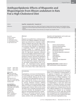 Antihyperlipidemic Effects of Rhapontin and Rhapontigenin from Rheum Undulatum in Rats Fed a High-Cholesterol Diet