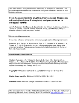 Megacopta Cribraria (Hemiptera: Plataspidae) and Prospects for Its Biological Control