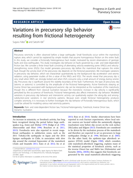 Variations in Precursory Slip Behavior Resulting from Frictional Heterogeneity Suguru Yabe1* and Satoshi Ide2