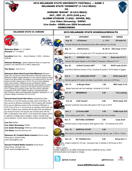 2019 Delaware State University Football — Game 3 Delaware State “Hornets” (1-1/0-0 Meac) Vs