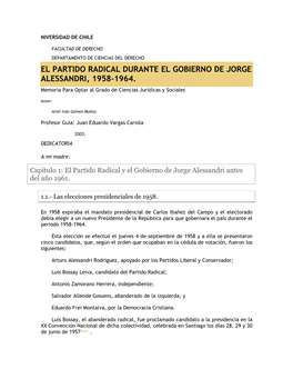 El Partido Radical Durante El Gobierno De Jorge Alessandri, 1958-1964