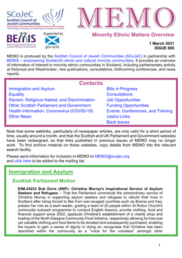 MEMO Is Produced by the Scottish Council of Jewish Communities (Scojec) in Partnership with BEMIS – Empowering Scotland's Ethnic and Cultural Minority Communities