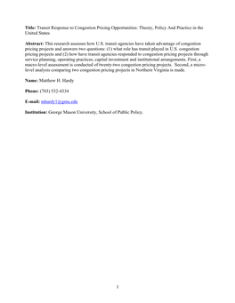 Transit Response to Congestion Pricing Opportunities: Theory, Policy and Practice in the United States