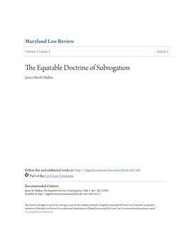 The Equitable Doctrine of Subrogation, 3 Md