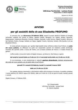 Avviso Cessazione Dr.Ssa Elisabetta Profumo