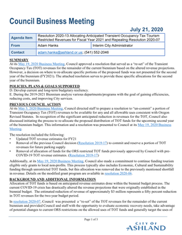 Resolution 2020-13 Allocating Anticipated Transient Occupancy Tax Tourism Restricted Revenues for Fiscal Year 2021