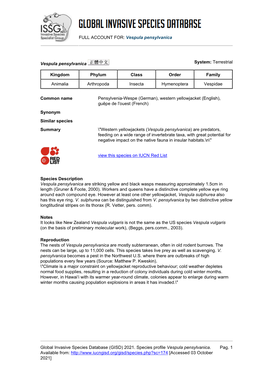 Vespula Pensylvanica Global Invasive Species Database (GISD)