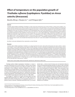 Effect of Temperature on the Population Growth of Tirathaba Rufivena (Lepidoptera: Pyralidae) on Areca Catechu (Arecaceae)