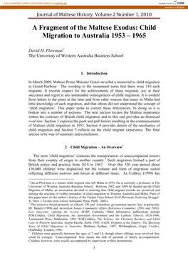 A Fragment of the Maltese Exodus: Child Migration to Australia 1953 – 1965