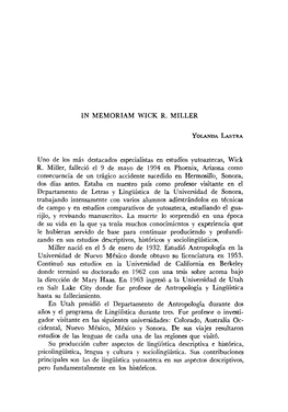 IN MEMORIAM WICK R. MILLER Uno De Los Más Destacados