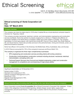 Ethical Screening Of: Kentz Corporation Ltd For: Date: 19Th March 2014