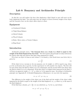 Lab 8: Buoyancy and Archimedes Principle Description