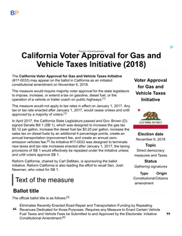 California Voter Approval for Gas and Vehicle Taxes Initiative (2018)