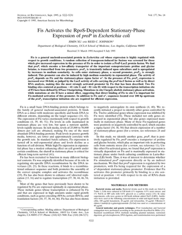 Fis Activates the Rpos-Dependent Stationary-Phase Expression of Prop in Escherichia Coli