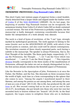 Trimorphic Protennoia (Nag Hammadi Codex XIII.1) | 1 TRIMORPHIC PROTENNOIA (Nag Hammadi Codex XIII.1)