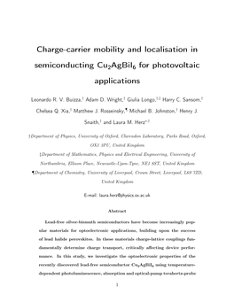 Charge-Carrier Mobility and Localisation in Semiconducting Cu2 Agbii6 for Photovoltaic Applications