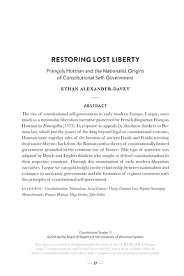 RESTORING LOST LIBERTY François Hotman and the Nationalist Origins of Constitutional Self-Government